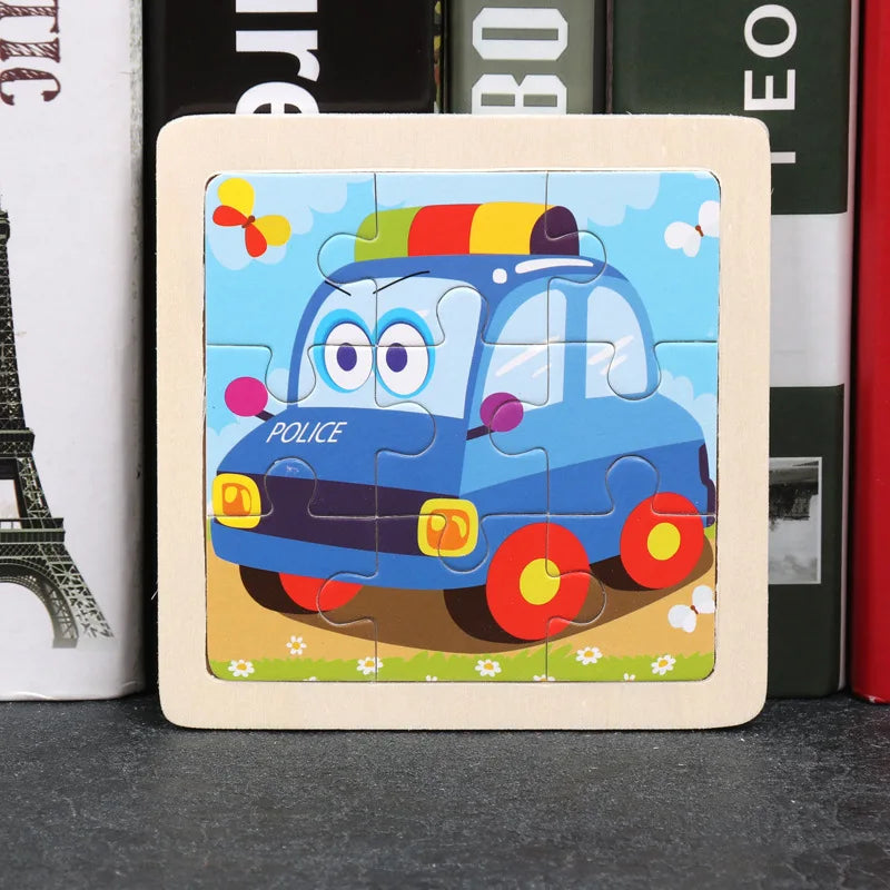 3D Wooden Cartoon Animal & Vehicle Puzzle – Montessori Early Learning Toy (11x11cm)