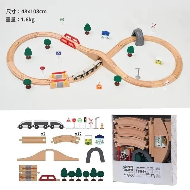 Wooden Train Track Set – Beech Wood Railway with Accessories