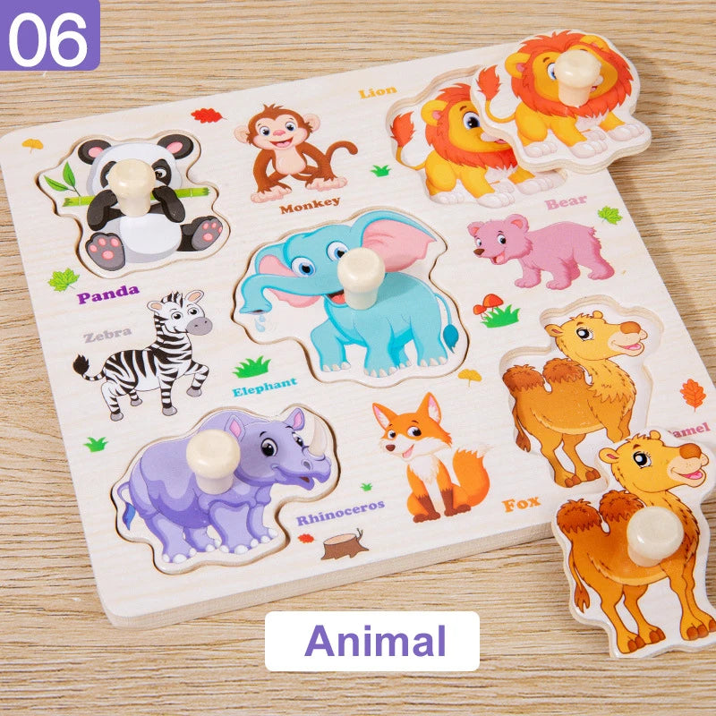 Wooden Montessori Puzzle Board – Cartoon Animal & Vehicle Shapes (Early Learning Toy for Toddlers)