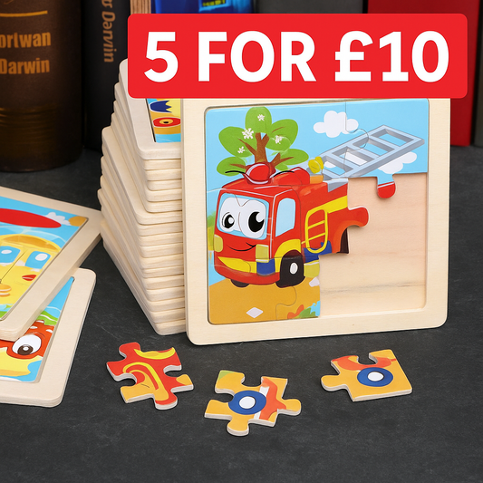 3D Wooden Cartoon Animal & Vehicle Puzzle – Montessori Early Learning Toy (11x11cm)