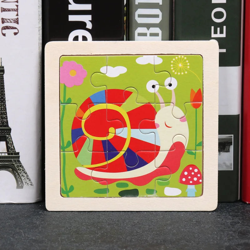 3D Wooden Cartoon Animal & Vehicle Puzzle – Montessori Early Learning Toy (11x11cm)