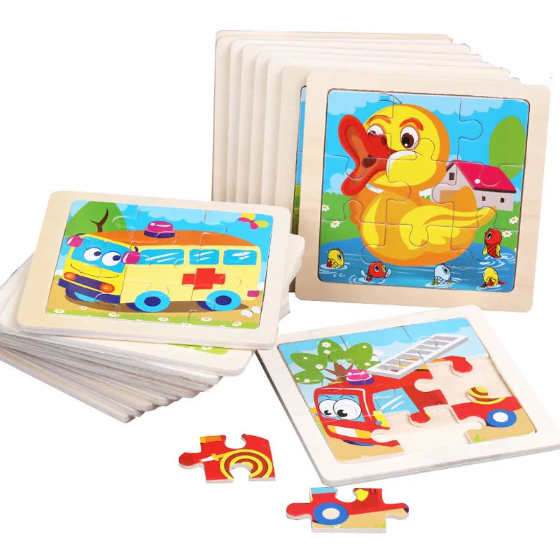 3D Wooden Cartoon Animal & Vehicle Puzzle – Montessori Early Learning Toy (11x11cm)