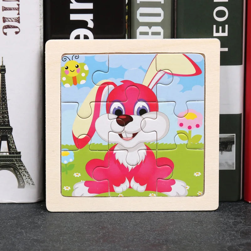 3D Wooden Cartoon Animal & Vehicle Puzzle – Montessori Early Learning Toy (11x11cm)