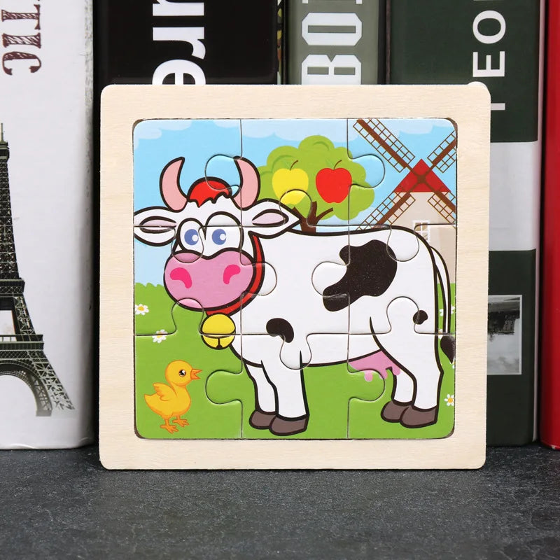 3D Wooden Cartoon Animal & Vehicle Puzzle – Montessori Early Learning Toy (11x11cm)