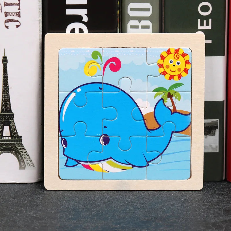 3D Wooden Cartoon Animal & Vehicle Puzzle – Montessori Early Learning Toy (11x11cm)