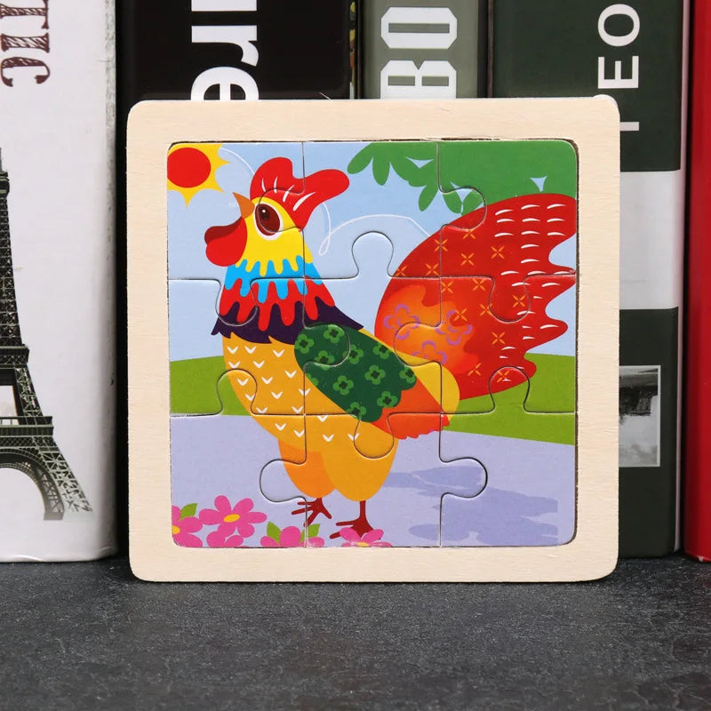 3D Wooden Cartoon Animal & Vehicle Puzzle – Montessori Early Learning Toy (11x11cm)