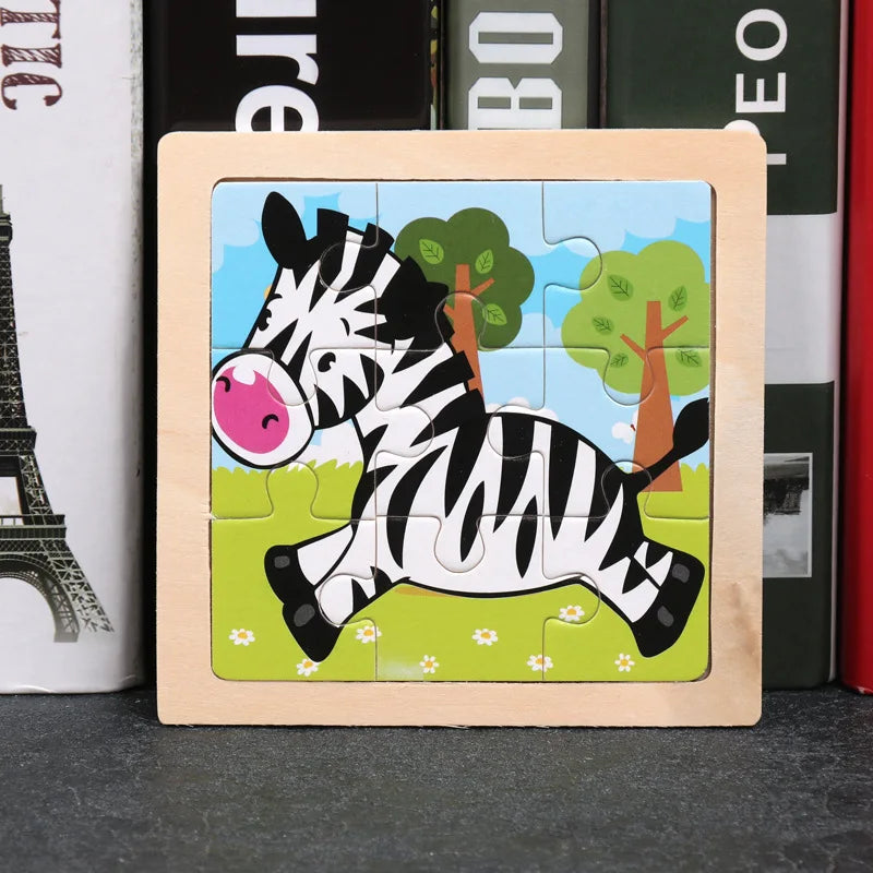 3D Wooden Cartoon Animal & Vehicle Puzzle – Montessori Early Learning Toy (11x11cm)