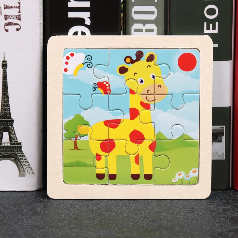 3D Wooden Cartoon Animal & Vehicle Puzzle – Montessori Early Learning Toy (11x11cm)