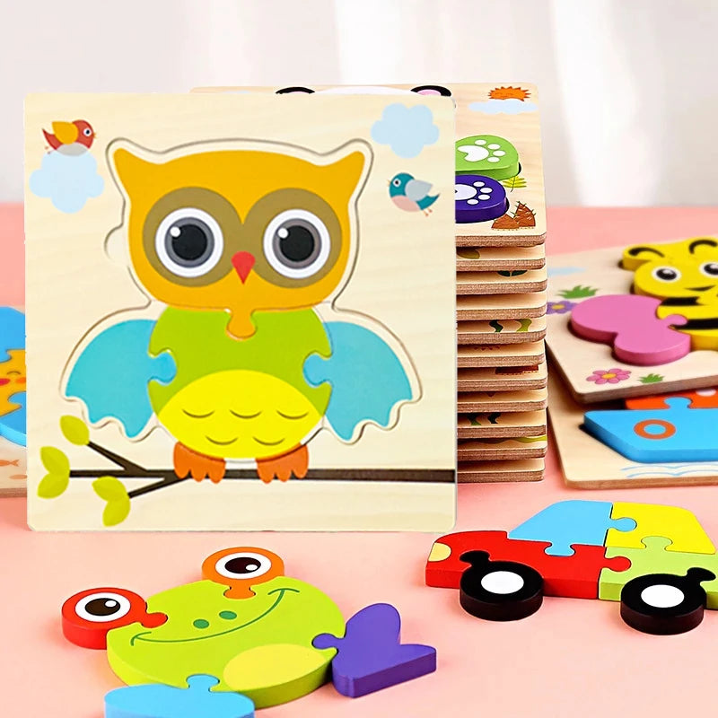 Wooden 3D Jigsaw Puzzle – Fun Cartoon Animals & Vehicles (Educational Toy for Toddlers)