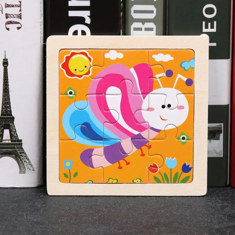 3D Wooden Cartoon Animal & Vehicle Puzzle – Montessori Early Learning Toy (11x11cm)