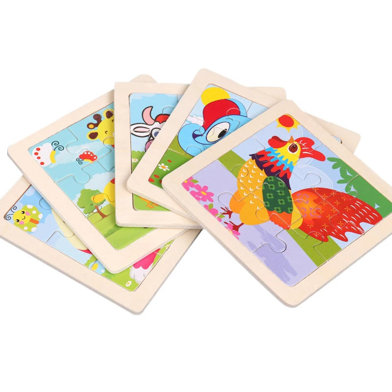 3D Wooden Cartoon Animal & Vehicle Puzzle – Montessori Early Learning Toy (11x11cm)