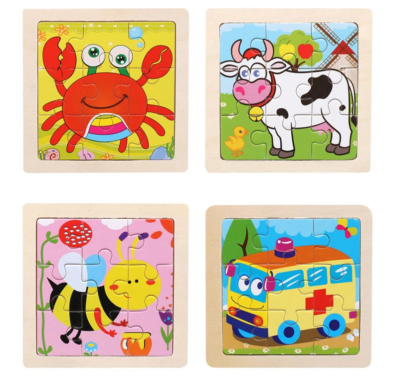 3D Wooden Cartoon Animal & Vehicle Puzzle – Montessori Early Learning Toy (11x11cm)