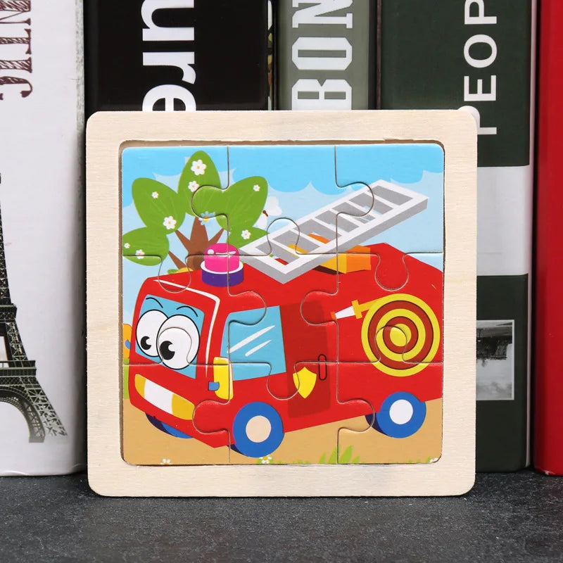 3D Wooden Cartoon Animal & Vehicle Puzzle – Montessori Early Learning Toy (11x11cm)