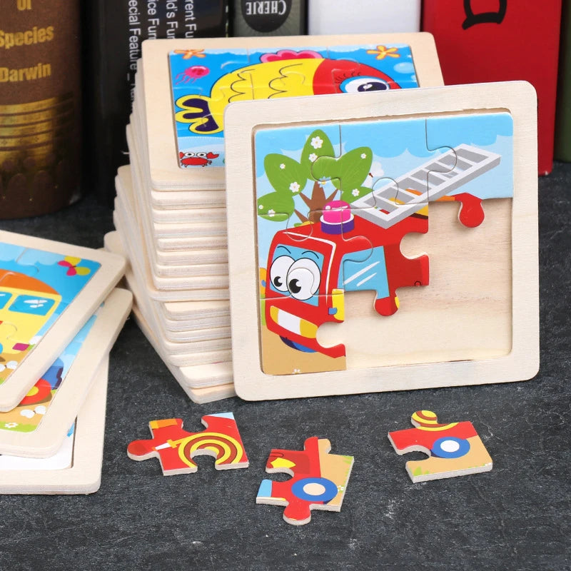 3D Wooden Cartoon Animal & Vehicle Puzzle – Montessori Early Learning Toy (11x11cm)