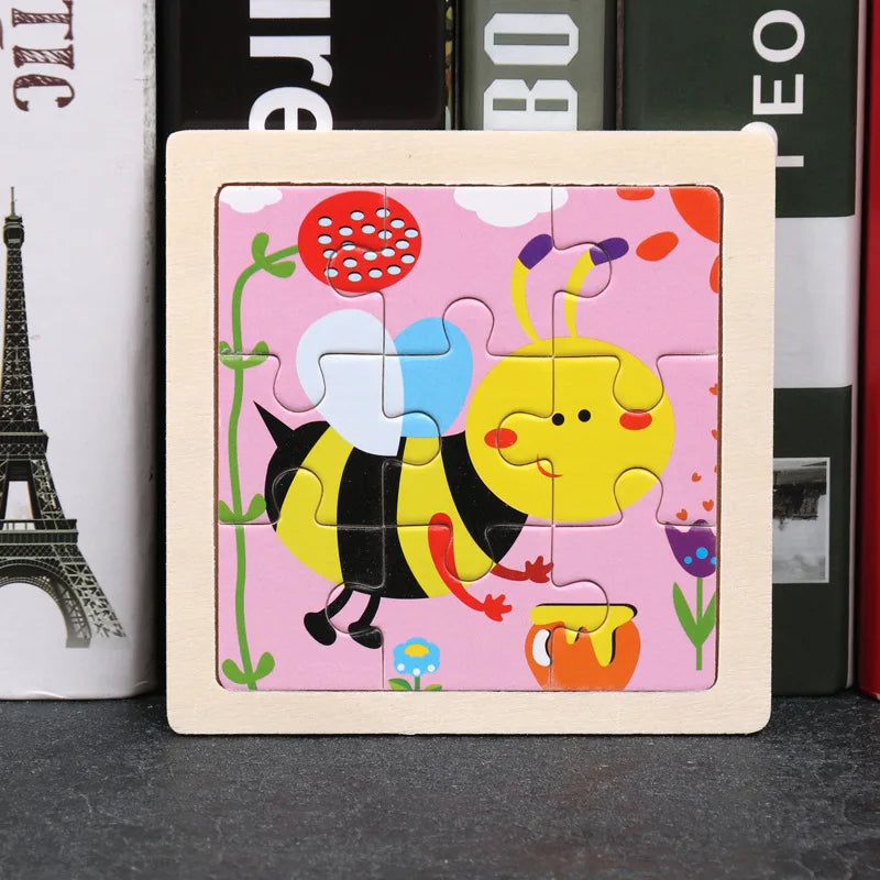 3D Wooden Cartoon Animal & Vehicle Puzzle – Montessori Early Learning Toy (11x11cm)