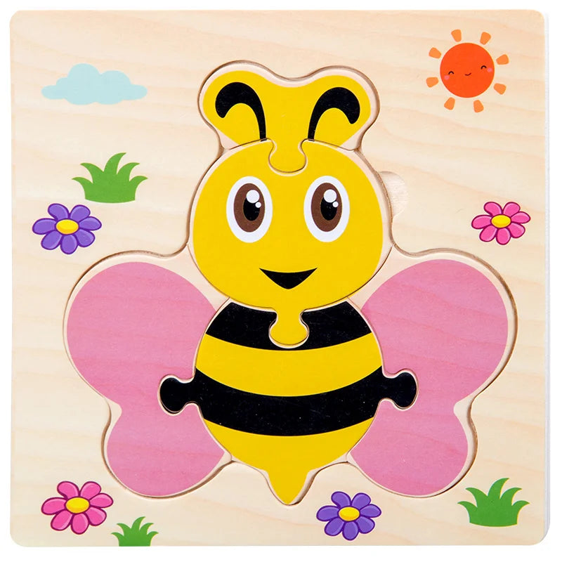Wooden 3D Jigsaw Puzzle – Fun Cartoon Animals & Vehicles (Educational Toy for Toddlers)