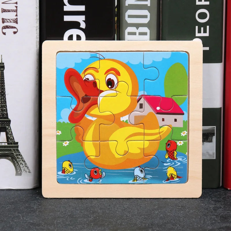 3D Wooden Cartoon Animal & Vehicle Puzzle – Montessori Early Learning Toy (11x11cm)
