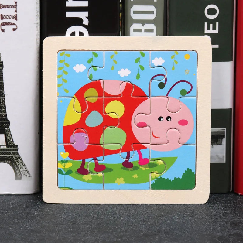3D Wooden Cartoon Animal & Vehicle Puzzle – Montessori Early Learning Toy (11x11cm)