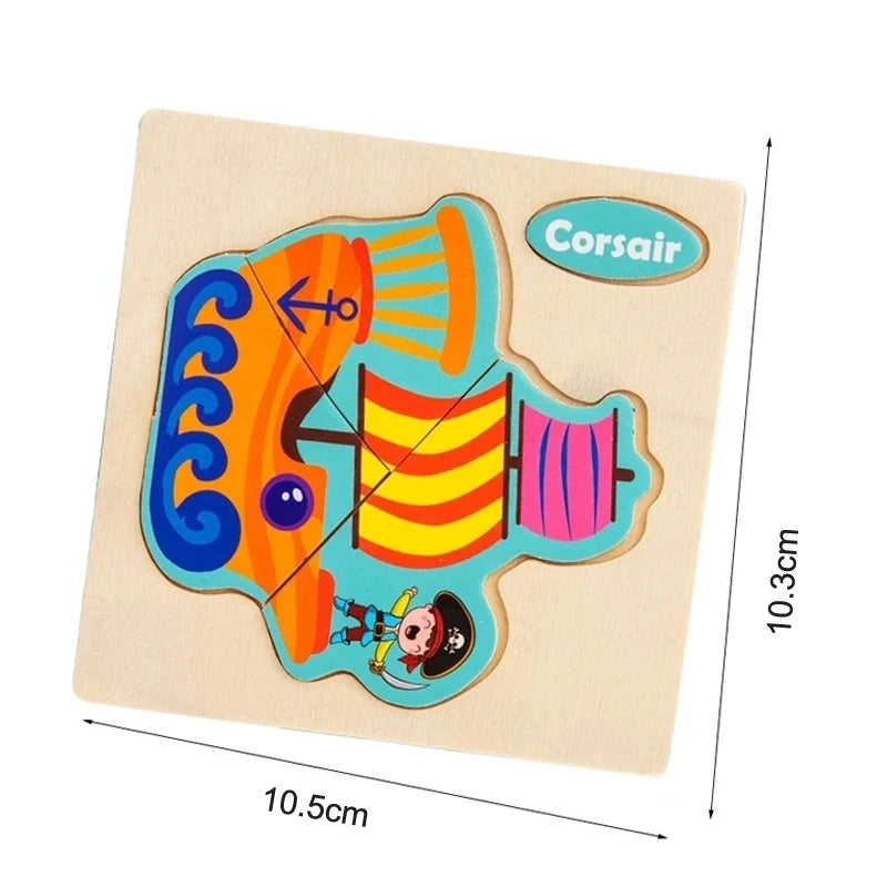 Wooden 3D Jigsaw Puzzle – Fun Cartoon Animals & Vehicles (Educational Toy for Toddlers)