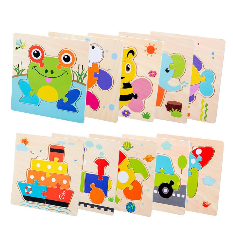 Wooden 3D Jigsaw Puzzle – Fun Cartoon Animals & Vehicles (Educational Toy for Toddlers)