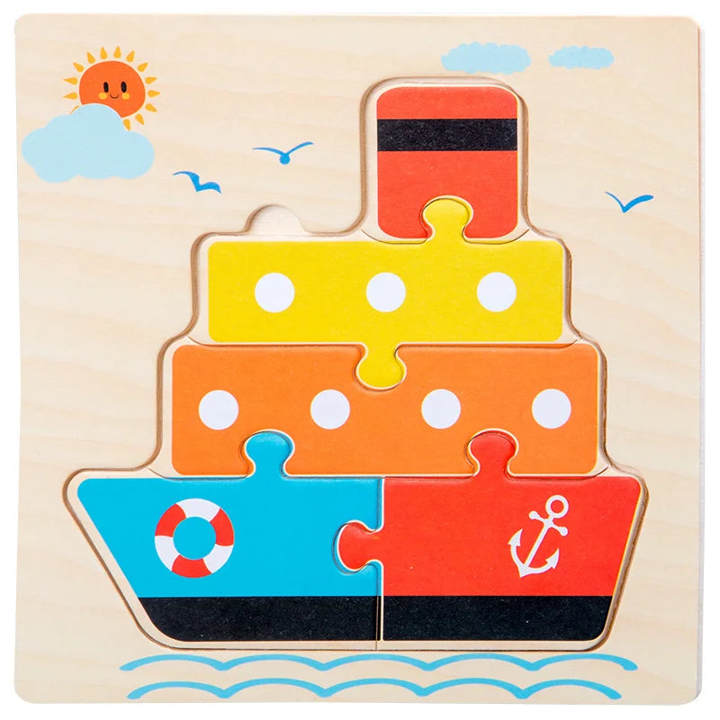 Wooden 3D Jigsaw Puzzle – Fun Cartoon Animals & Vehicles (Educational Toy for Toddlers)