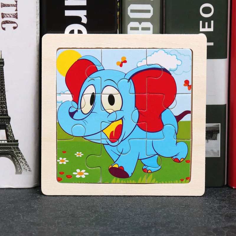 3D Wooden Cartoon Animal & Vehicle Puzzle – Montessori Early Learning Toy (11x11cm)