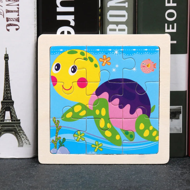 3D Wooden Cartoon Animal & Vehicle Puzzle – Montessori Early Learning Toy (11x11cm)