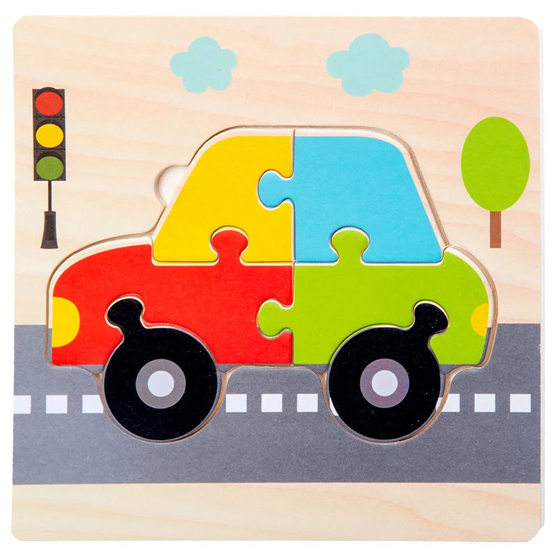 Wooden 3D Jigsaw Puzzle – Fun Cartoon Animals & Vehicles (Educational Toy for Toddlers)