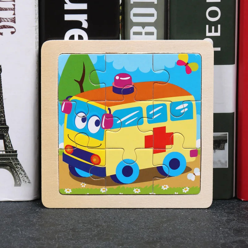 3D Wooden Cartoon Animal & Vehicle Puzzle – Montessori Early Learning Toy (11x11cm)