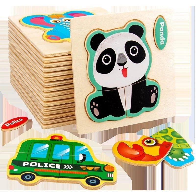 Wooden 3D Jigsaw Puzzle – Fun Cartoon Animals & Vehicles (Educational Toy for Toddlers)