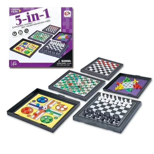 5-in-1 Wooden Board Game Set – Classic Educational Games for Kids & Families