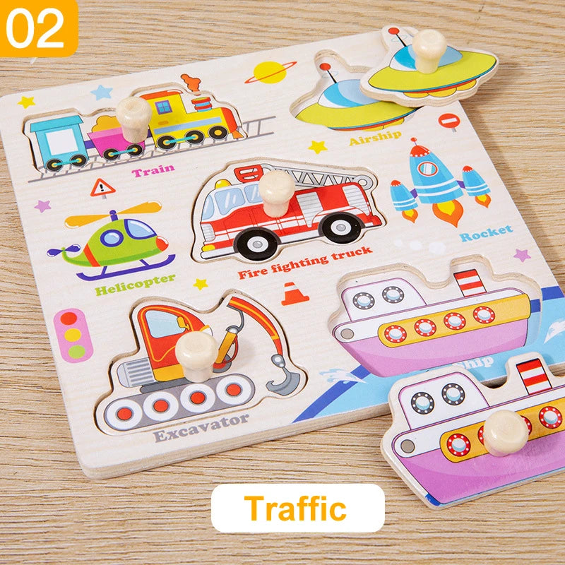 Wooden Montessori Puzzle Board – Cartoon Animal & Vehicle Shapes (Early Learning Toy for Toddlers)