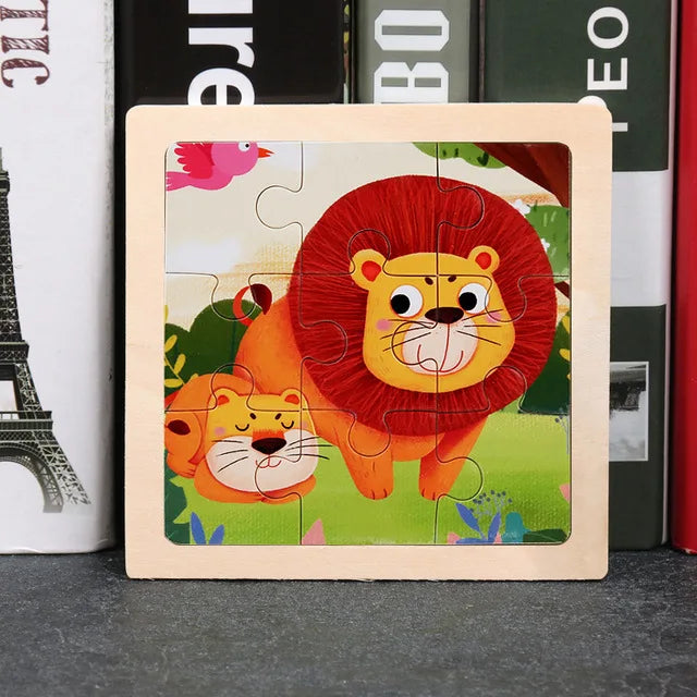 3D Wooden Cartoon Animal & Vehicle Puzzle – Montessori Early Learning Toy (11x11cm)