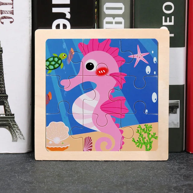 3D Wooden Cartoon Animal & Vehicle Puzzle – Montessori Early Learning Toy (11x11cm)