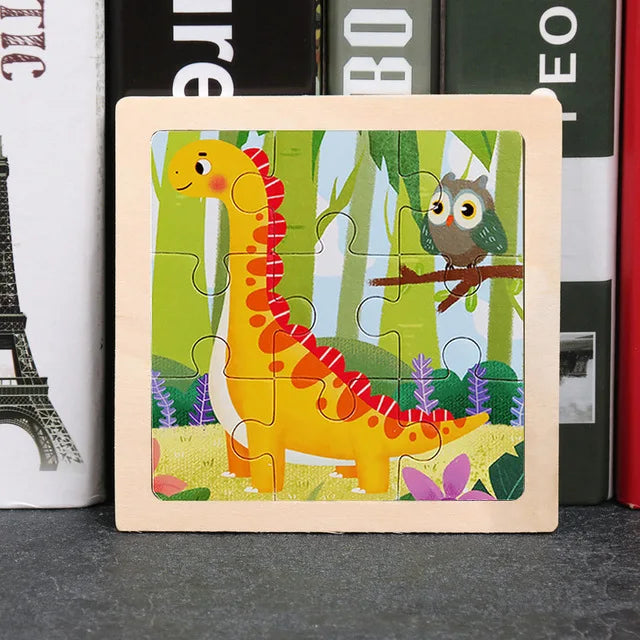 3D Wooden Cartoon Animal & Vehicle Puzzle – Montessori Early Learning Toy (11x11cm)