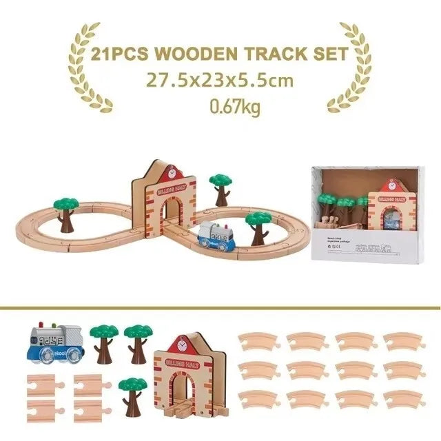 Wooden Train Track Set – Beech Wood Railway with Accessories