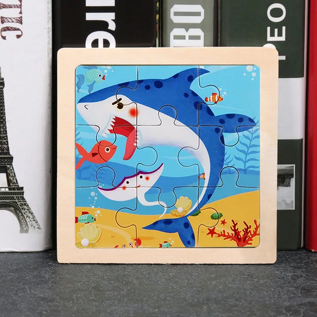 3D Wooden Cartoon Animal & Vehicle Puzzle – Montessori Early Learning Toy (11x11cm)