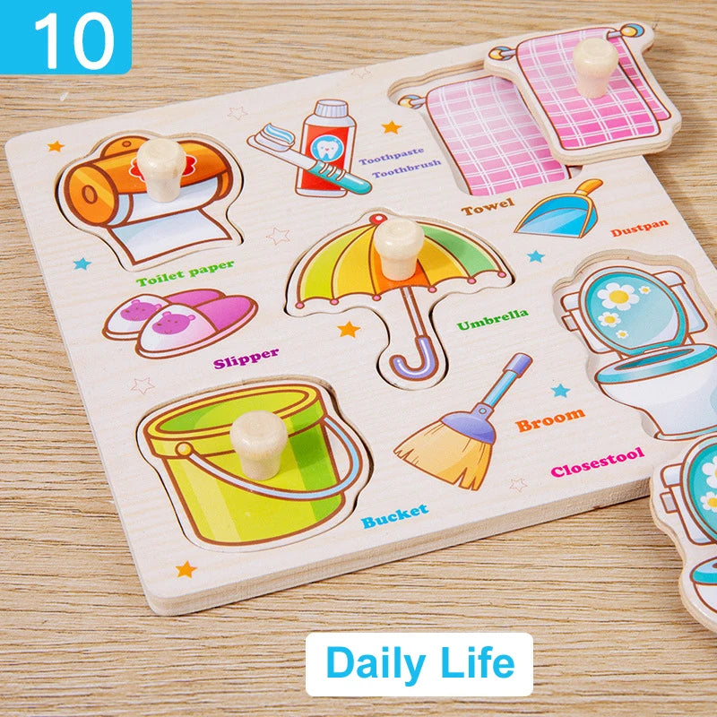 Wooden Montessori Puzzle Board – Cartoon Animal & Vehicle Shapes (Early Learning Toy for Toddlers)