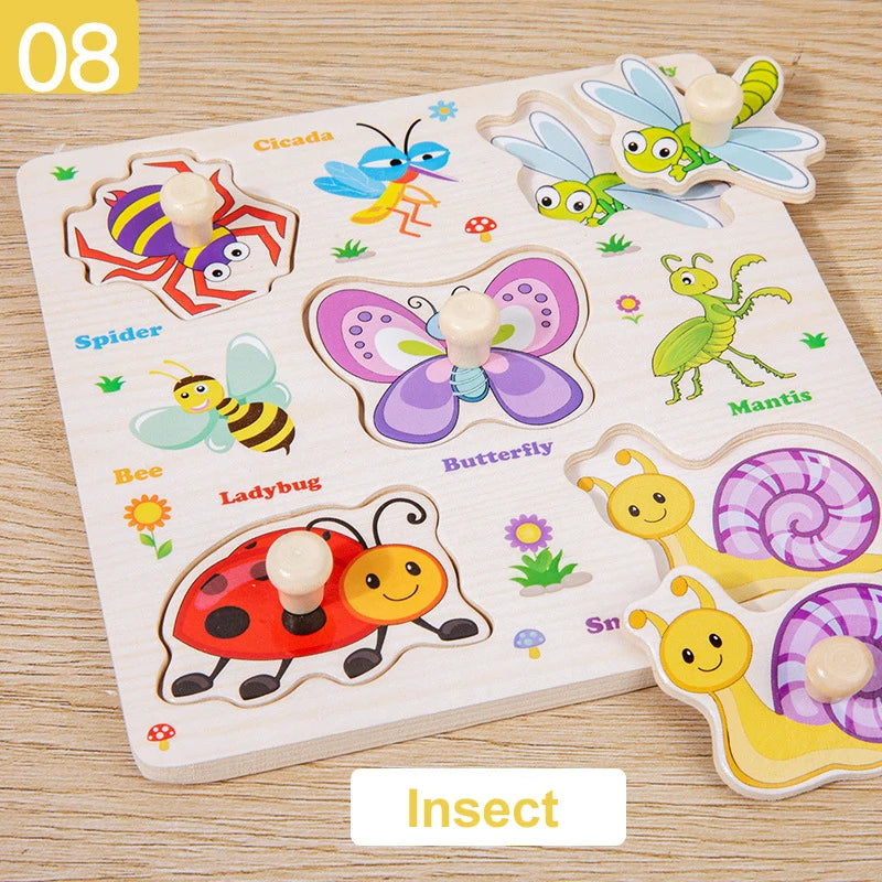 Wooden Montessori Puzzle Board – Cartoon Animal & Vehicle Shapes (Early Learning Toy for Toddlers)