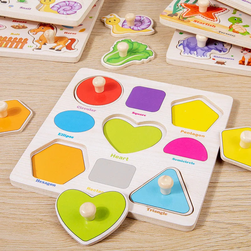 Wooden Montessori Puzzle Board – Cartoon Animal & Vehicle Shapes (Early Learning Toy for Toddlers)