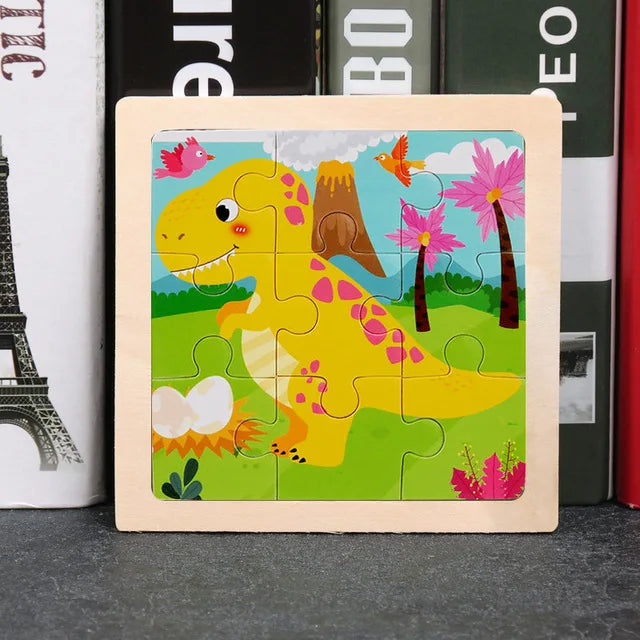 3D Wooden Cartoon Animal & Vehicle Puzzle – Montessori Early Learning Toy (11x11cm)