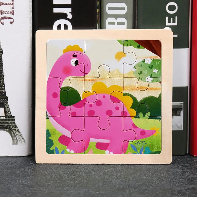 3D Wooden Cartoon Animal & Vehicle Puzzle – Montessori Early Learning Toy (11x11cm)
