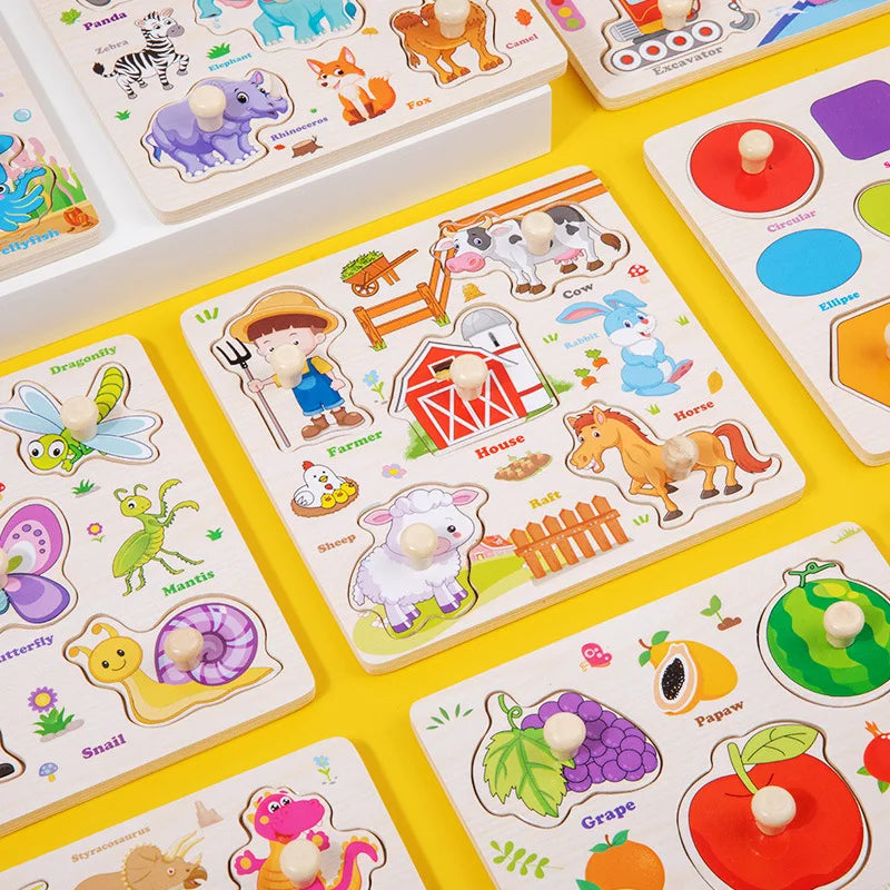 Wooden Montessori Puzzle Board – Cartoon Animal & Vehicle Shapes (Early Learning Toy for Toddlers)