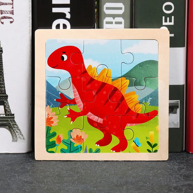 3D Wooden Cartoon Animal & Vehicle Puzzle – Montessori Early Learning Toy (11x11cm)