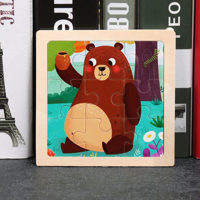 3D Wooden Cartoon Animal & Vehicle Puzzle – Montessori Early Learning Toy (11x11cm)