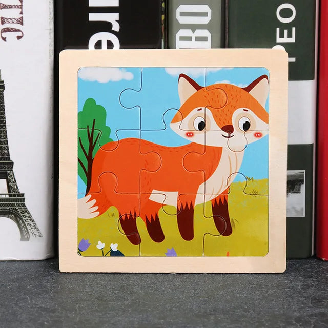 3D Wooden Cartoon Animal & Vehicle Puzzle – Montessori Early Learning Toy (11x11cm)