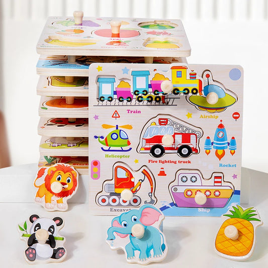 Wooden Montessori Puzzle Board – Cartoon Animal & Vehicle Shapes (Early Learning Toy for Toddlers)