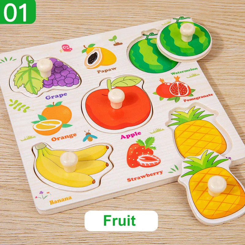 Wooden Montessori Puzzle Board – Cartoon Animal & Vehicle Shapes (Early Learning Toy for Toddlers)