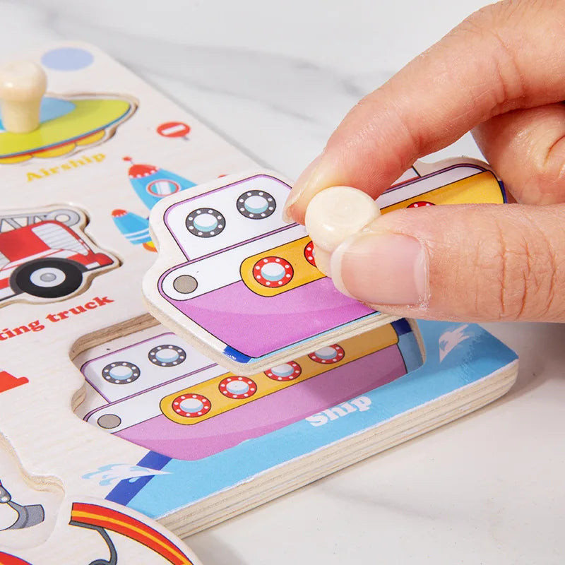 Wooden Montessori Puzzle Board – Cartoon Animal & Vehicle Shapes (Early Learning Toy for Toddlers)
