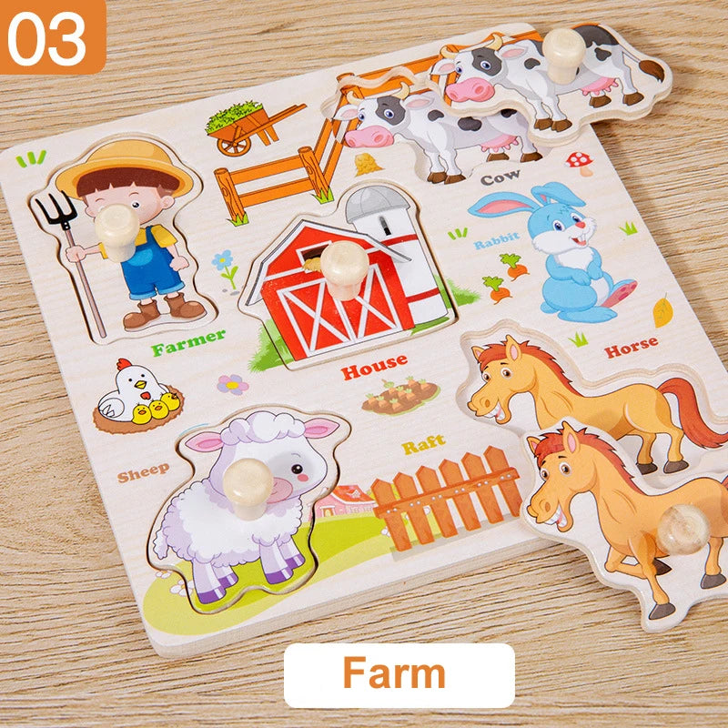 Wooden Montessori Puzzle Board – Cartoon Animal & Vehicle Shapes (Early Learning Toy for Toddlers)